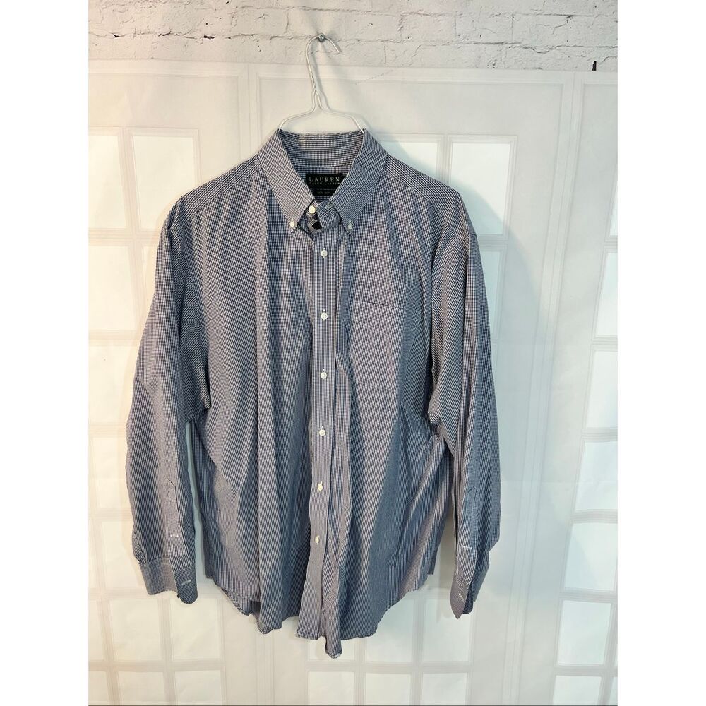Lauren Ralph Lauren Navy White Gingham Check Non Iron Dress Shirt Sz 17.5 34/35